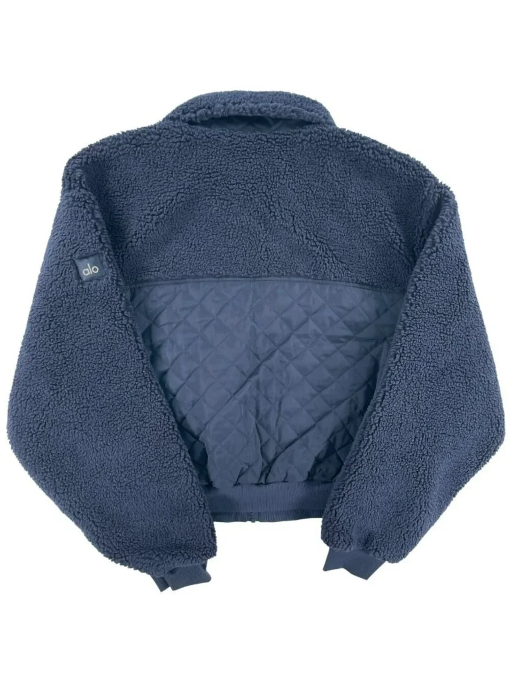 Alo Yoga Sherpa Edge Bomber Jacket Navy Quilted Outdoor Faux Fur Wmn's Sz L NEW